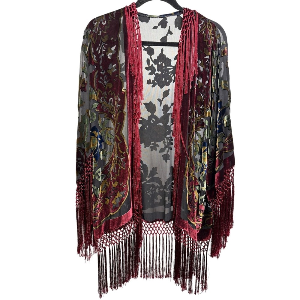 Silk Velvet Burnout Floral Paisley Fringe Kimono Jacket